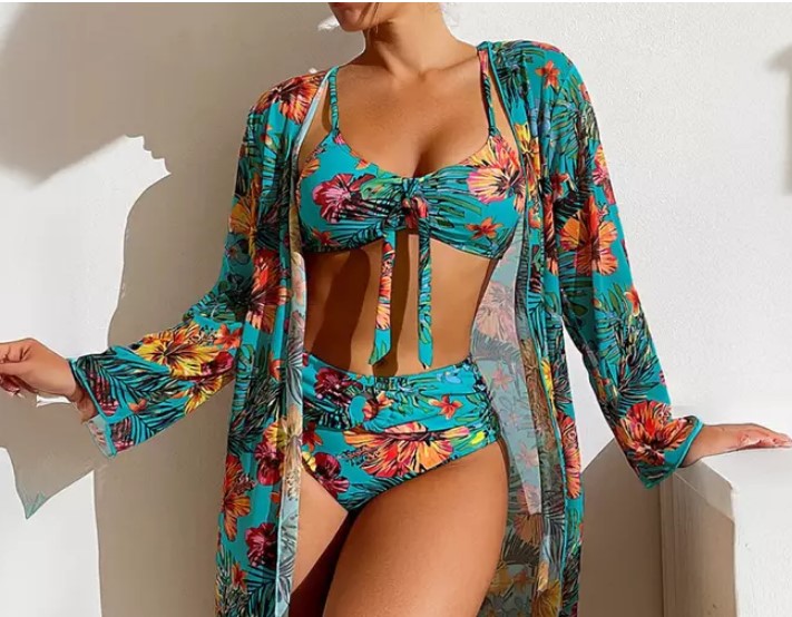 Three-Piece Bikini Set with Floral Kimono